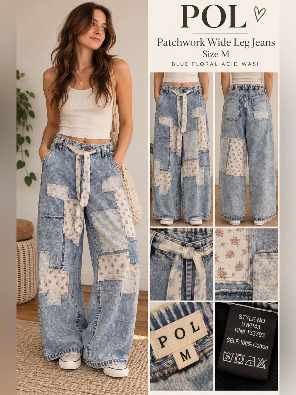 POL Patchwork Wide Leg Jeans Size M Blue Floral Acid Wash